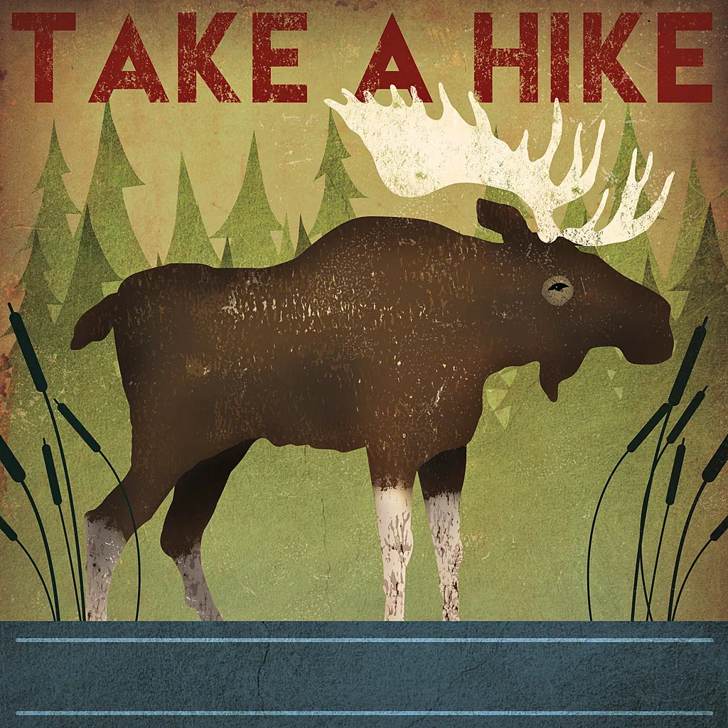 Take a Hike Moose by Ryan Fowler. SKU 22892a. Archival Giclee Fine art print for wall decor.
