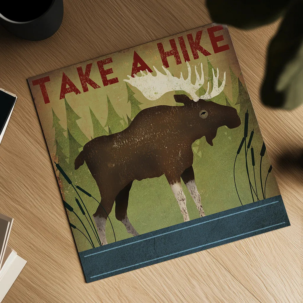 Take a Hike Moose by Ryan Fowler. Shown as a detailed flat fine art print, highlighting archival giclee quality. Available as an archival giclee rolled canvas, fine art paper, or poster print. SKU 22892a.