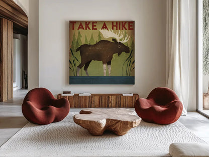 Take a Hike Moose by Ryan Fowler. Shown as extra-large giant wall art in a modern living room. Available as an archival giclee rolled canvas, fine art paper, or poster print. SKU 22892a.