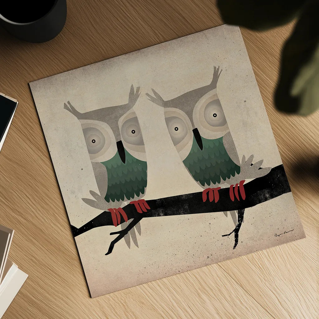 Tan Owls Square by Ryan Fowler. Shown as a detailed flat fine art print, highlighting archival giclee quality. Available as an archival giclee rolled canvas, fine art paper, or poster print. SKU 12021a.