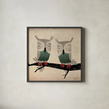 Tan Owls Square by Ryan Fowler. Shown in a sleek black glass frame for a contemporary gallery look. Available as an archival giclee rolled canvas, fine art paper, or poster print. SKU 12021a.