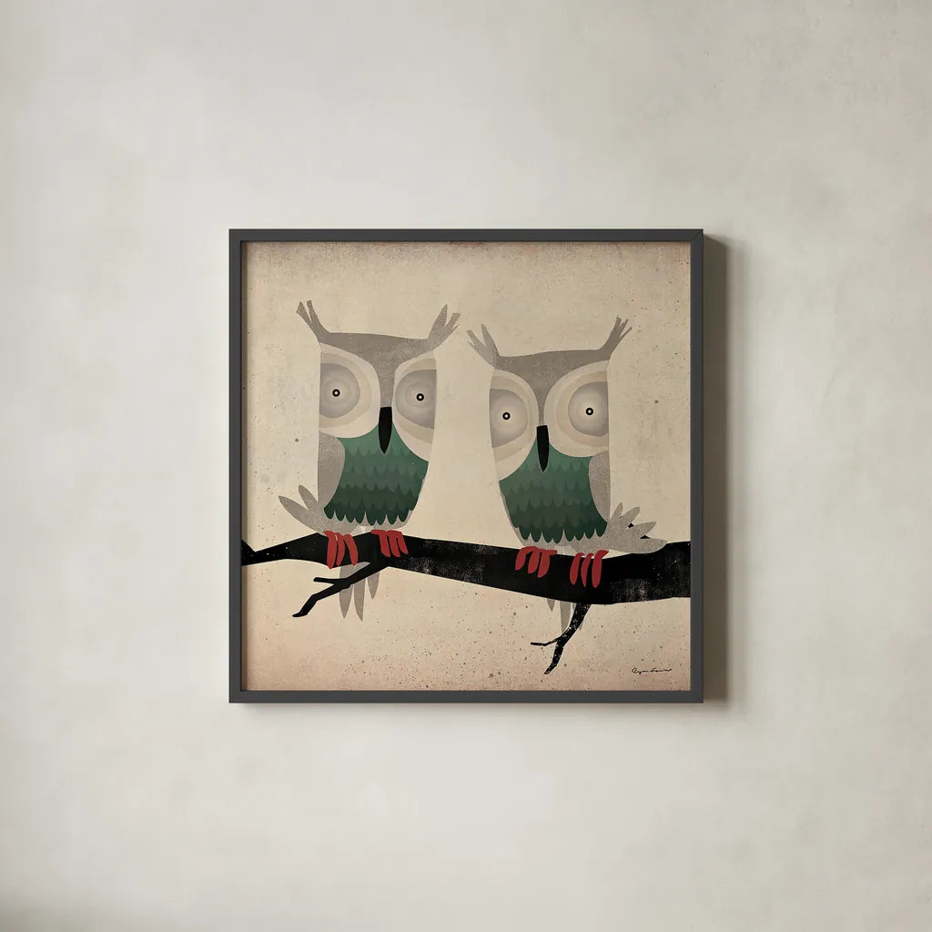 Tan Owls Square by Ryan Fowler. Shown in a sleek black glass frame for a contemporary gallery look. Available as an archival giclee rolled canvas, fine art paper, or poster print. SKU 12021a.