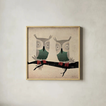 Tan Owls Square by Ryan Fowler. Shown in a natural wood glass frame for a timeless modern aesthetic. Available as an archival giclee rolled canvas, fine art paper, or poster print. SKU 12021a.