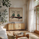 Tan Owls Square by Ryan Fowler. Shown in a natural wood frame in a cozy modern living room. Available as an archival giclee rolled canvas, fine art paper, or poster print. SKU 12021a.