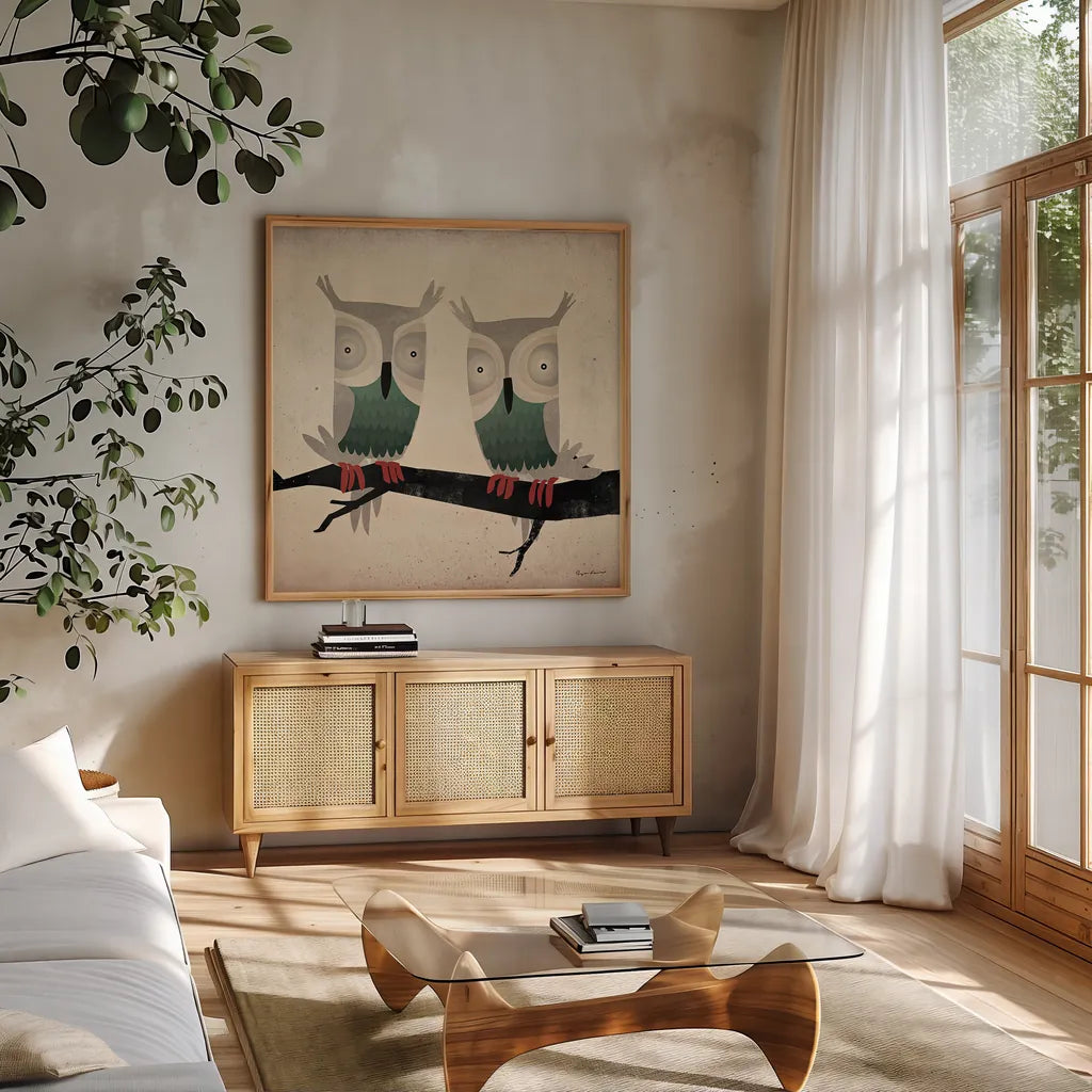 Tan Owls Square by Ryan Fowler. Shown in a natural wood frame in a cozy modern living room. Available as an archival giclee rolled canvas, fine art paper, or poster print. SKU 12021a.