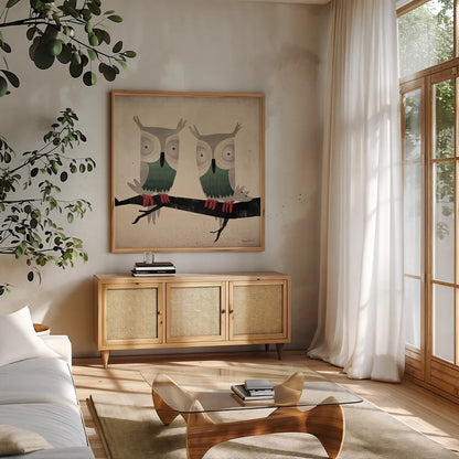 Tan Owls Square by Ryan Fowler. Shown in a natural wood frame in a cozy modern living room. Available as an archival giclee rolled canvas, fine art paper, or poster print. SKU 12021a.