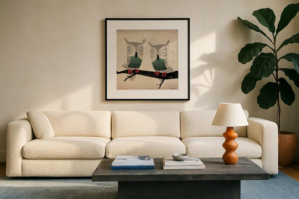Tan Owls Square by Ryan Fowler. Displayed in a glass frame with matte in a clean modern living room. Available as an archival giclee rolled canvas, fine art paper, or poster print. SKU 12021a.