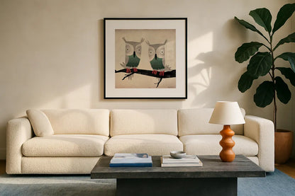 Tan Owls Square by Ryan Fowler. Displayed in a glass frame with matte in a clean modern living room. Available as an archival giclee rolled canvas, fine art paper, or poster print. SKU 12021a.