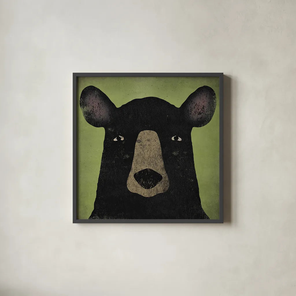The Black Bear by Ryan Fowler. Shown in a sleek black glass frame for a contemporary gallery look. Available as an archival giclee rolled canvas, fine art paper, or poster print. SKU 21699a.