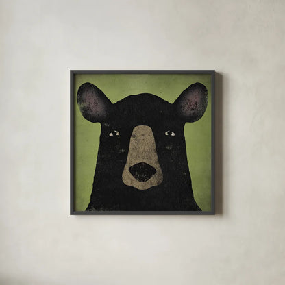 The Black Bear by Ryan Fowler. Shown in a sleek black glass frame for a contemporary gallery look. Available as an archival giclee rolled canvas, fine art paper, or poster print. SKU 21699a.