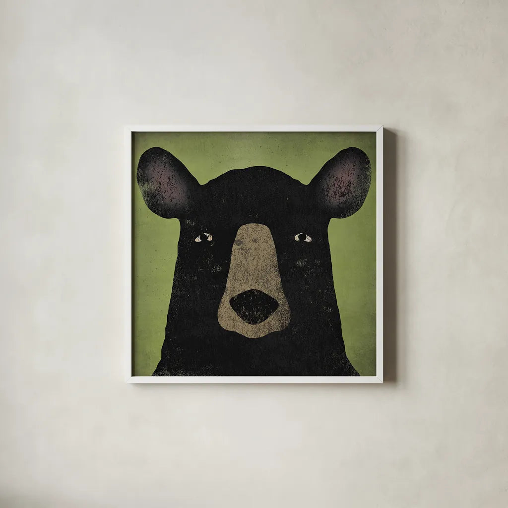 The Black Bear by Ryan Fowler. Shown in a crisp white glass frame for a clean and minimalist style. Available as an archival giclee rolled canvas, fine art paper, or poster print. SKU 21699a.