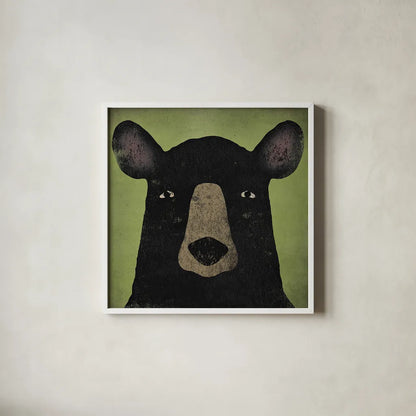 The Black Bear by Ryan Fowler. Shown in a crisp white glass frame for a clean and minimalist style. Available as an archival giclee rolled canvas, fine art paper, or poster print. SKU 21699a.