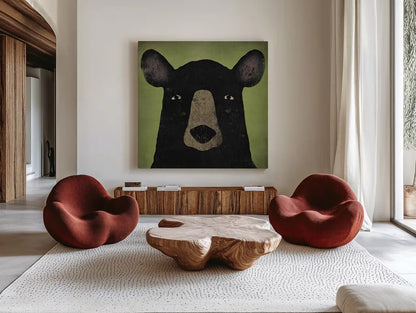 The Black Bear by Ryan Fowler. Shown as extra-large giant wall art in a modern living room. Available as an archival giclee rolled canvas, fine art paper, or poster print. SKU 21699a.