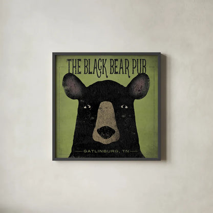 The Black Bear Pub by Ryan Fowler. Shown in a sleek black glass frame for a contemporary gallery look. Available as an archival giclee rolled canvas, fine art paper, or poster print. SKU 30842a.