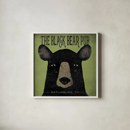 The Black Bear Pub by Ryan Fowler. Shown in a crisp white glass frame for a clean and minimalist style. Available as an archival giclee rolled canvas, fine art paper, or poster print. SKU 30842a.