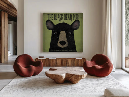 The Black Bear Pub by Ryan Fowler. Shown as extra-large giant wall art in a modern living room. Available as an archival giclee rolled canvas, fine art paper, or poster print. SKU 30842a.