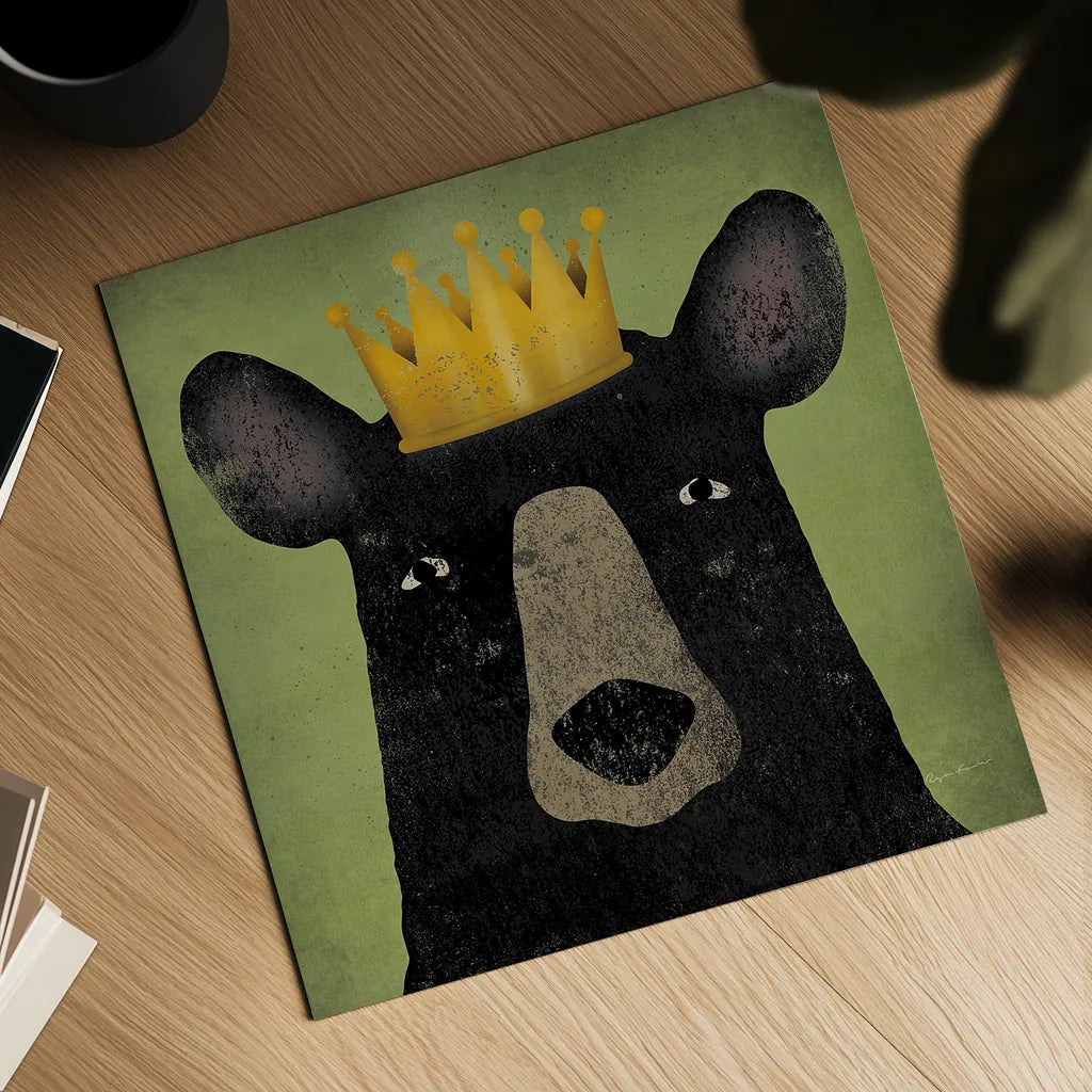 The Black Bear with Crown by Ryan Fowler. Shown as a detailed flat fine art print, highlighting archival giclee quality. Available as an archival giclee rolled canvas, fine art paper, or poster print. SKU 35511a.