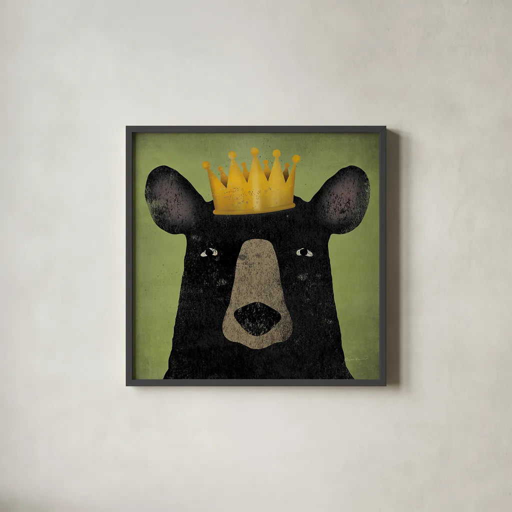 The Black Bear with Crown by Ryan Fowler. Shown in a sleek black glass frame for a contemporary gallery look. Available as an archival giclee rolled canvas, fine art paper, or poster print. SKU 35511a.