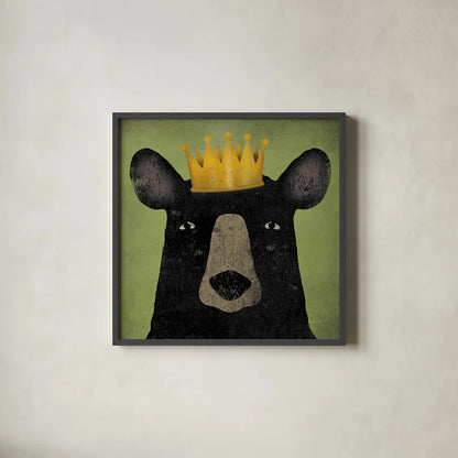 The Black Bear with Crown by Ryan Fowler. Shown in a sleek black glass frame for a contemporary gallery look. Available as an archival giclee rolled canvas, fine art paper, or poster print. SKU 35511a.