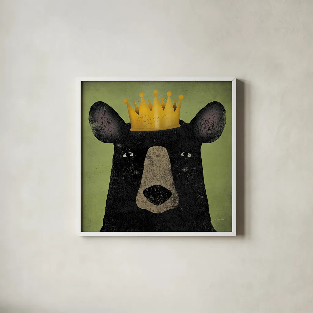 The Black Bear with Crown by Ryan Fowler. Shown in a crisp white glass frame for a clean and minimalist style. Available as an archival giclee rolled canvas, fine art paper, or poster print. SKU 35511a.
