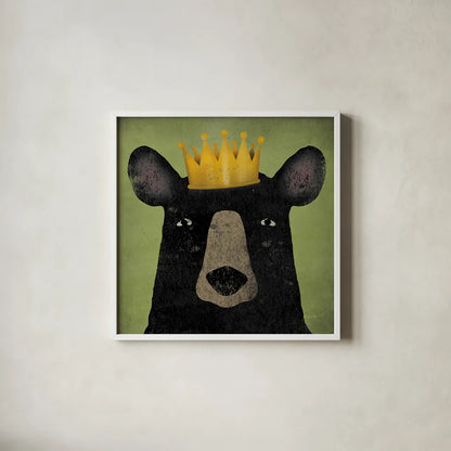 The Black Bear with Crown by Ryan Fowler. Shown in a crisp white glass frame for a clean and minimalist style. Available as an archival giclee rolled canvas, fine art paper, or poster print. SKU 35511a.