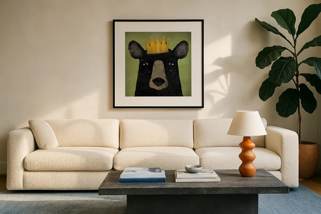 The Black Bear with Crown by Ryan Fowler. Displayed in a glass frame with matte in a clean modern living room. Available as an archival giclee rolled canvas, fine art paper, or poster print. SKU 35511a.
