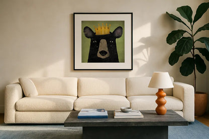 The Black Bear with Crown by Ryan Fowler. Displayed in a glass frame with matte in a clean modern living room. Available as an archival giclee rolled canvas, fine art paper, or poster print. SKU 35511a.