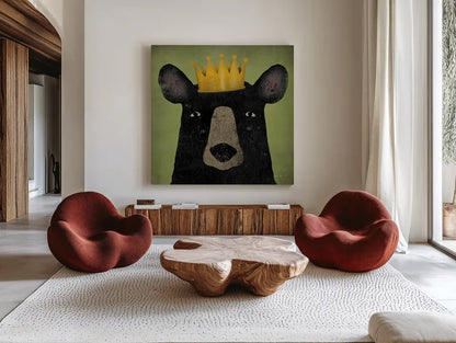 The Black Bear with Crown by Ryan Fowler. Shown as extra-large giant wall art in a modern living room. Available as an archival giclee rolled canvas, fine art paper, or poster print. SKU 35511a.