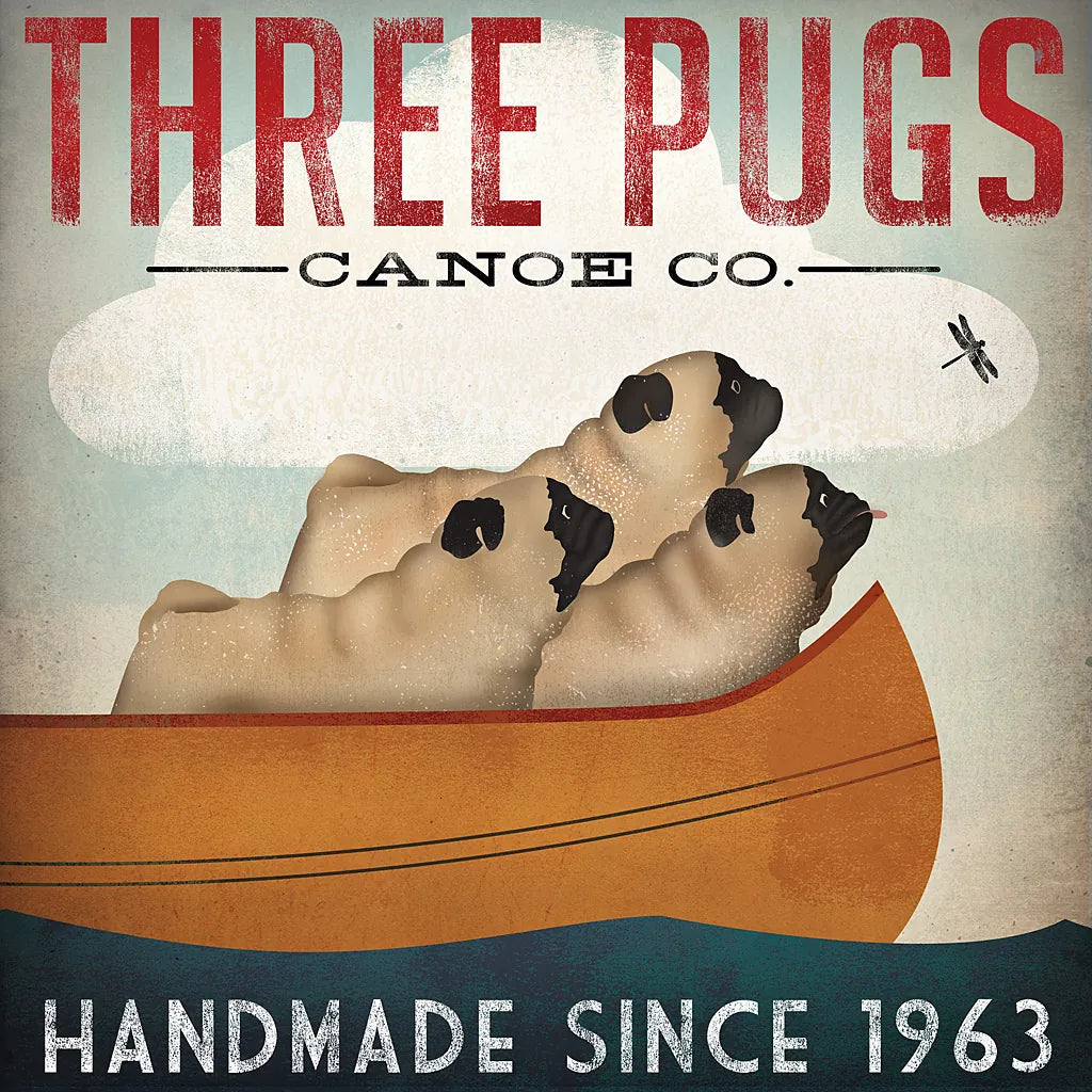 Three Pugs in a Canoe by Ryan Fowler. SKU 22336a. Archival Giclee Fine art print for wall decor.