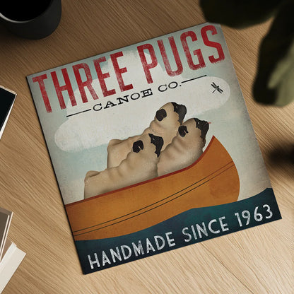 Three Pugs in a Canoe by Ryan Fowler. Shown as a detailed flat fine art print, highlighting archival giclee quality. Available as an archival giclee rolled canvas, fine art paper, or poster print. SKU 22336a.