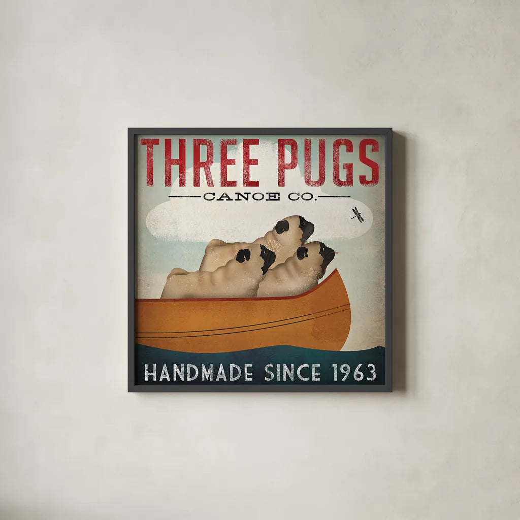Three Pugs in a Canoe by Ryan Fowler. Shown in a sleek black glass frame for a contemporary gallery look. Available as an archival giclee rolled canvas, fine art paper, or poster print. SKU 22336a.