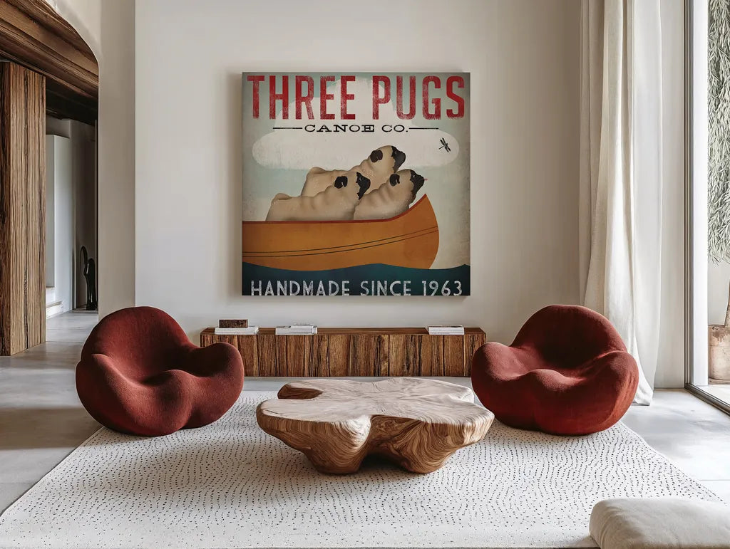 Three Pugs in a Canoe by Ryan Fowler. Shown as extra-large giant wall art in a modern living room. Available as an archival giclee rolled canvas, fine art paper, or poster print. SKU 22336a.