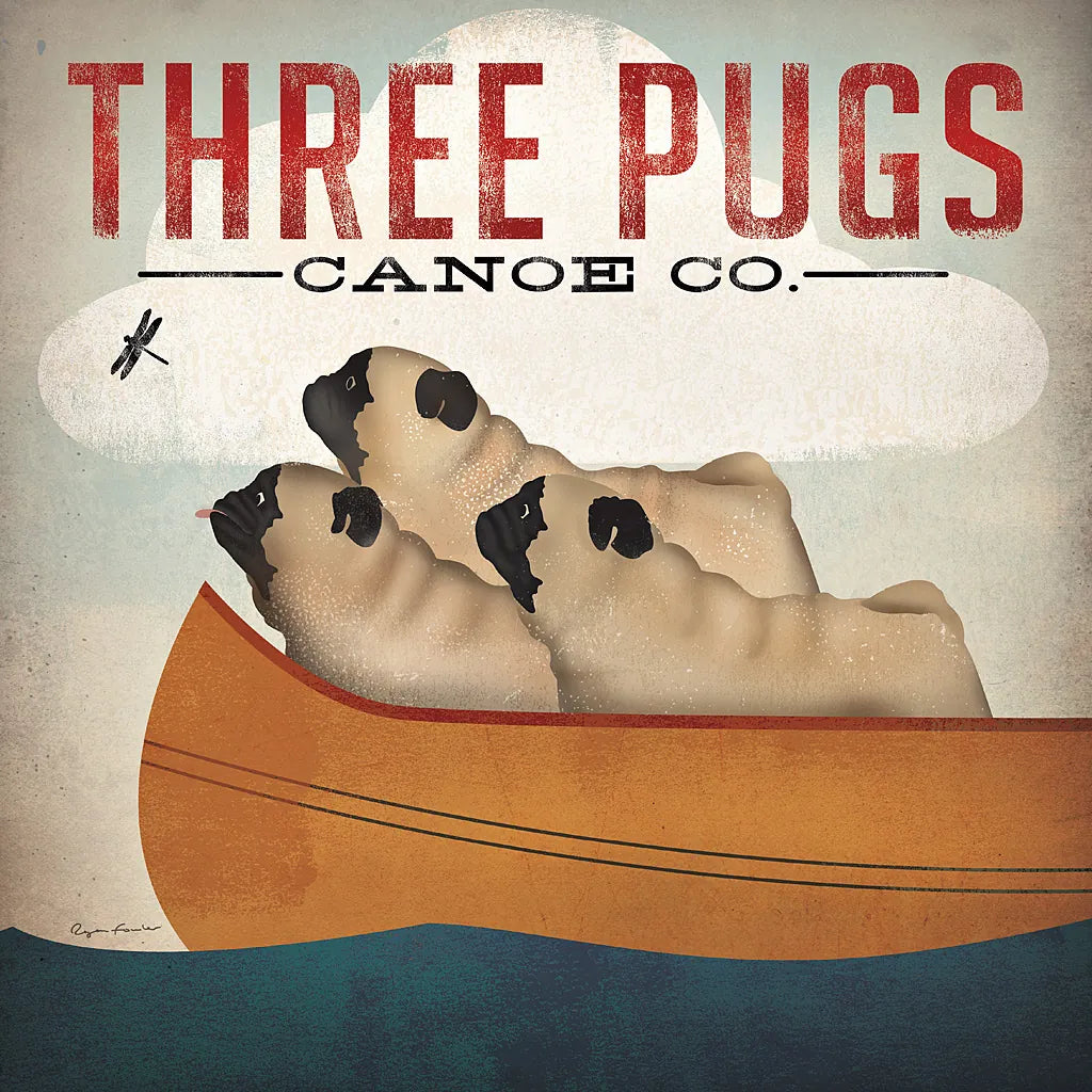 Three Pugs in a Canoe v3 by Ryan Fowler. SKU 13367a. Archival Giclee Fine art print for wall decor.