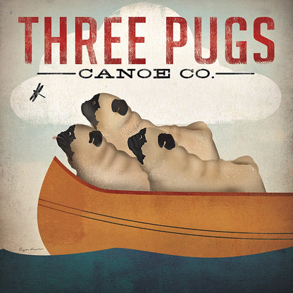 Three Pugs in a Canoe v3 by Ryan Fowler. SKU 13367a. Archival Giclee Fine art print for wall decor.