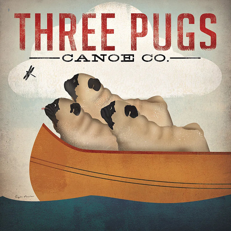 Three Pugs in a Canoe v3 by Ryan Fowler. SKU 13367a. Archival Giclee Fine art print for wall decor.