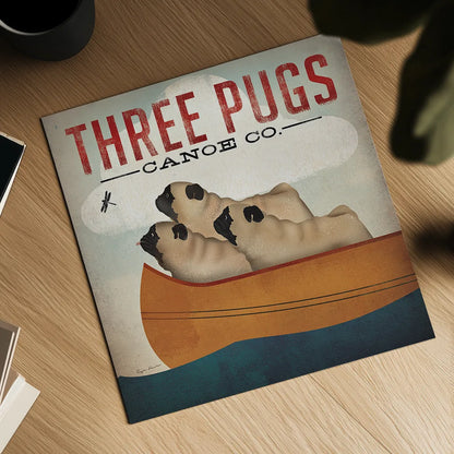 Three Pugs in a Canoe v3 by Ryan Fowler. Shown as a detailed flat fine art print, highlighting archival giclee quality. Available as an archival giclee rolled canvas, fine art paper, or poster print. SKU 13367a.
