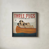 Three Pugs in a Canoe v3 by Ryan Fowler. Shown in a sleek black glass frame for a contemporary gallery look. Available as an archival giclee rolled canvas, fine art paper, or poster print. SKU 13367a.