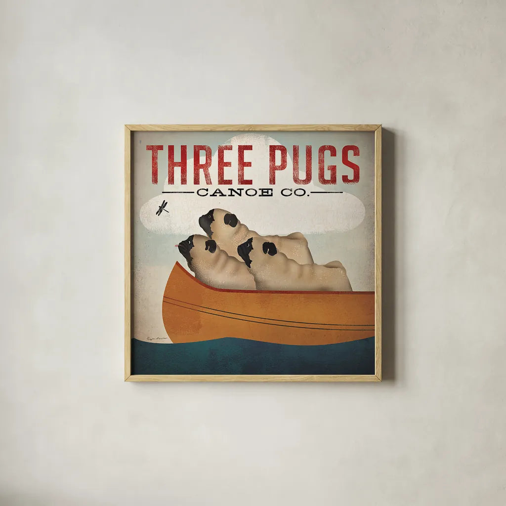 Three Pugs in a Canoe v3 by Ryan Fowler. Shown in a natural wood glass frame for a timeless modern aesthetic. Available as an archival giclee rolled canvas, fine art paper, or poster print. SKU 13367a.