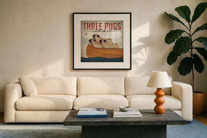 Three Pugs in a Canoe v3 by Ryan Fowler. Displayed in a glass frame with matte in a clean modern living room. Available as an archival giclee rolled canvas, fine art paper, or poster print. SKU 13367a.