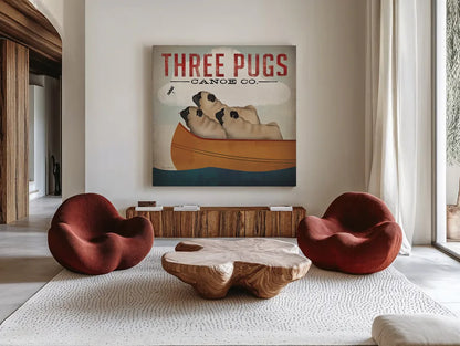 Three Pugs in a Canoe v3 by Ryan Fowler. Shown as extra-large giant wall art in a modern living room. Available as an archival giclee rolled canvas, fine art paper, or poster print. SKU 13367a.