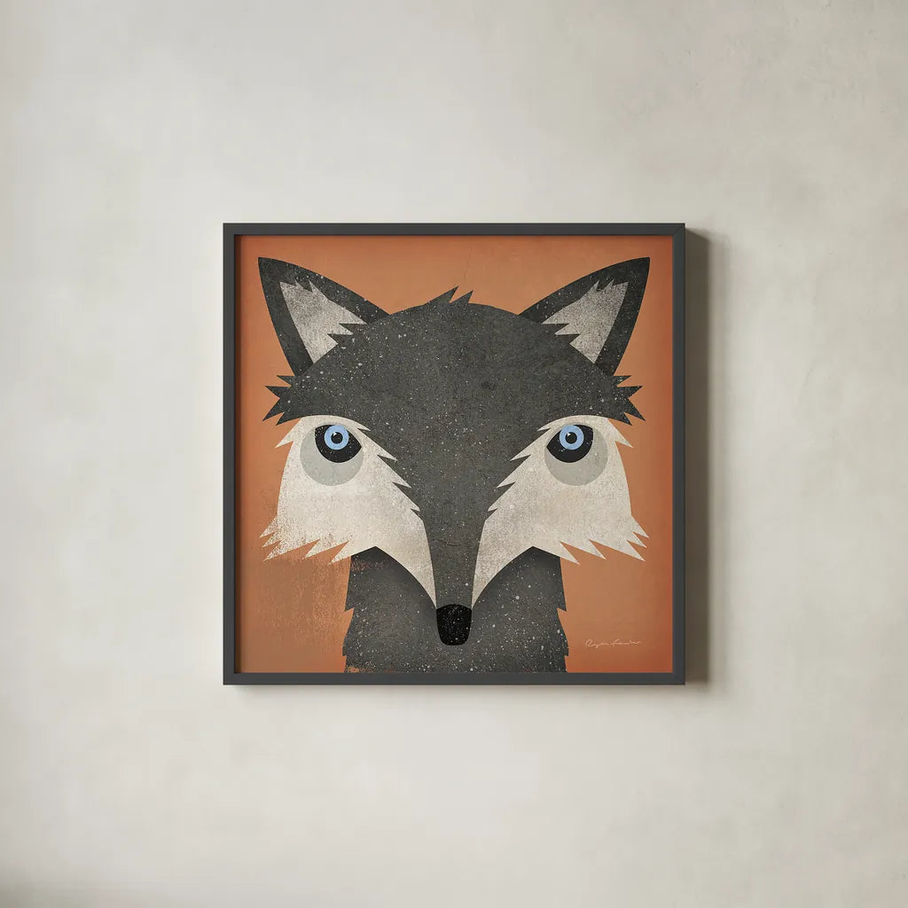 Timber Wolf by Ryan Fowler. Shown in a sleek black glass frame for a contemporary gallery look. Available as an archival giclee rolled canvas, fine art paper, or poster print. SKU 24547a.