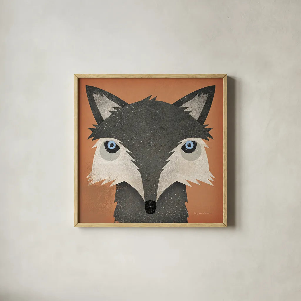 Timber Wolf by Ryan Fowler. Shown in a natural wood glass frame for a timeless modern aesthetic. Available as an archival giclee rolled canvas, fine art paper, or poster print. SKU 24547a.
