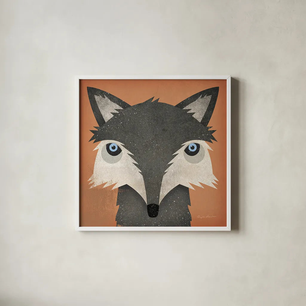 Timber Wolf by Ryan Fowler. Shown in a crisp white glass frame for a clean and minimalist style. Available as an archival giclee rolled canvas, fine art paper, or poster print. SKU 24547a.