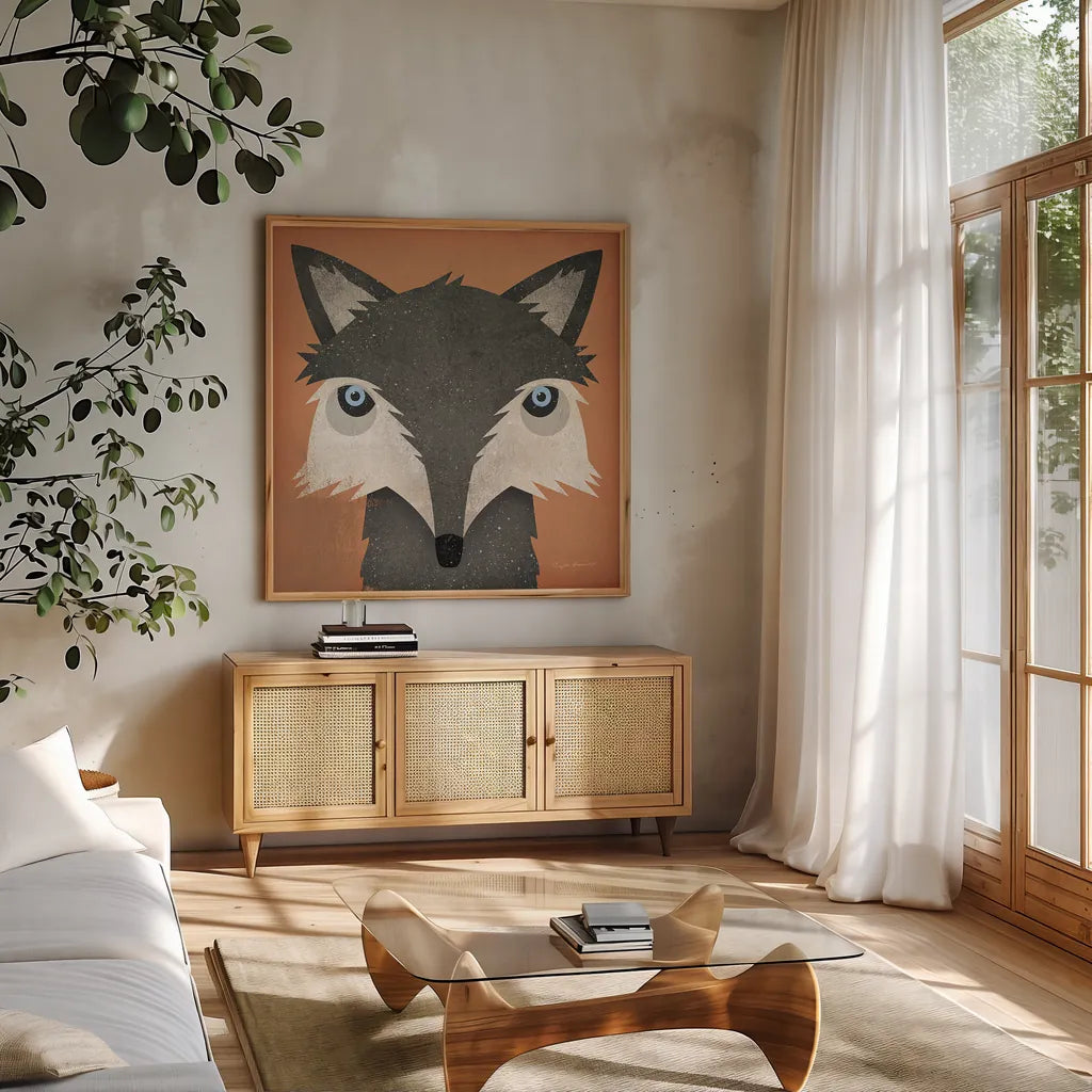 Timber Wolf by Ryan Fowler. Shown in a natural wood frame in a cozy modern living room. Available as an archival giclee rolled canvas, fine art paper, or poster print. SKU 24547a.
