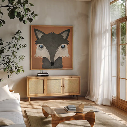 Timber Wolf by Ryan Fowler. Shown in a natural wood frame in a cozy modern living room. Available as an archival giclee rolled canvas, fine art paper, or poster print. SKU 24547a.
