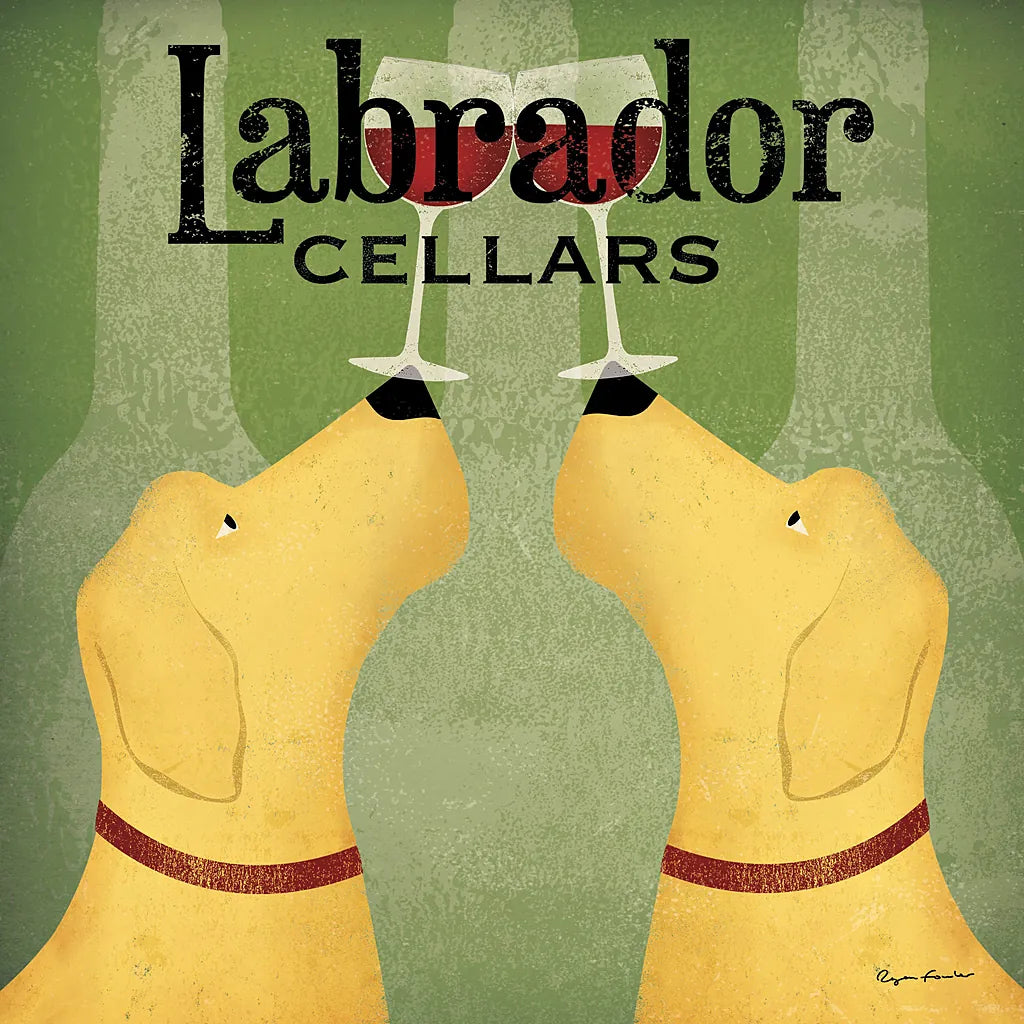 Two Labrador Wine Dogs Square by Ryan Fowler. SKU 12909a. Archival Giclee Fine art print for wall decor.