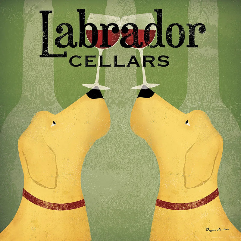 Two Labrador Wine Dogs Square by Ryan Fowler. SKU 12909a. Archival Giclee Fine art print for wall decor.