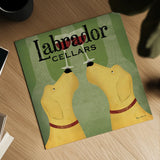 Two Labrador Wine Dogs Square by Ryan Fowler. Shown as a detailed flat fine art print, highlighting archival giclee quality. Available as an archival giclee rolled canvas, fine art paper, or poster print. SKU 12909a.