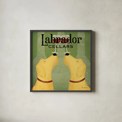 Two Labrador Wine Dogs Square by Ryan Fowler. Shown in a sleek black glass frame for a contemporary gallery look. Available as an archival giclee rolled canvas, fine art paper, or poster print. SKU 12909a.