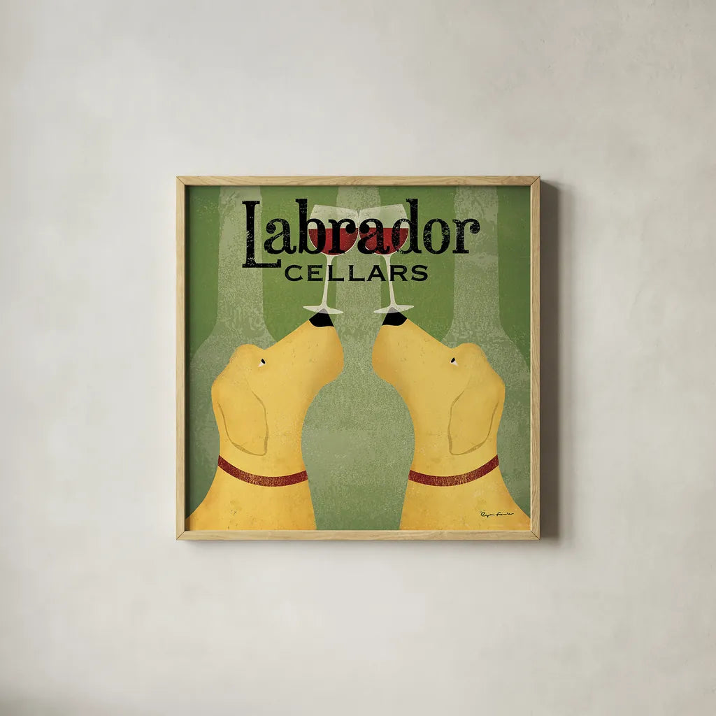 Two Labrador Wine Dogs Square by Ryan Fowler. Shown in a natural wood glass frame for a timeless modern aesthetic. Available as an archival giclee rolled canvas, fine art paper, or poster print. SKU 12909a.